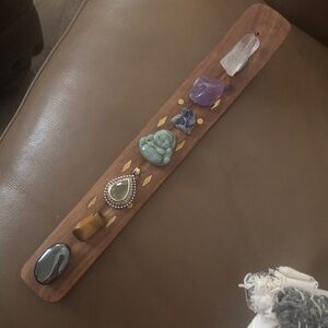 Handmade chackra Wooden Incense/Crystal Display Board with Mixed Gemstones